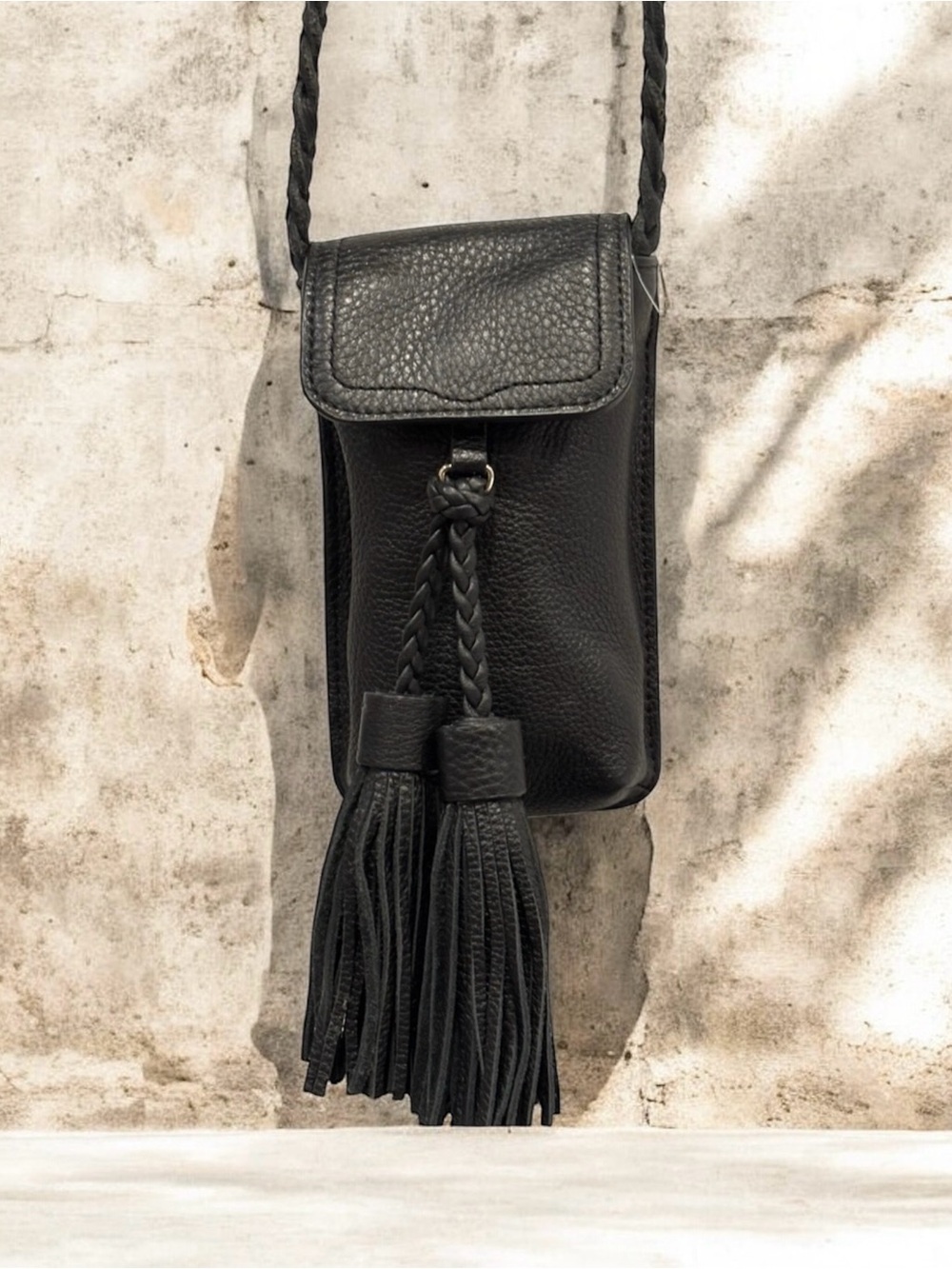 Rebecca Minkoff Black Leather Tassel Crossbody Phone Bag